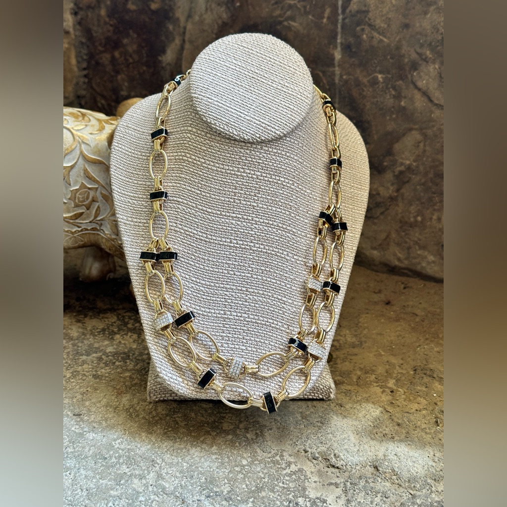 Gold Link Chain Black Enamel Rhinestone Necklace